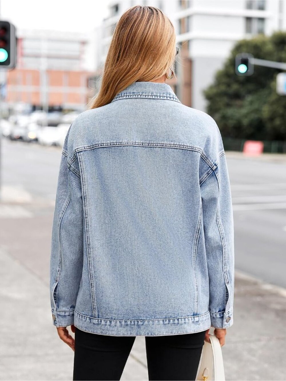 Women's Light Blue Denim Jacket Oversized Button Down Jean Long Sleeve Jacket - Picture 6 of 6